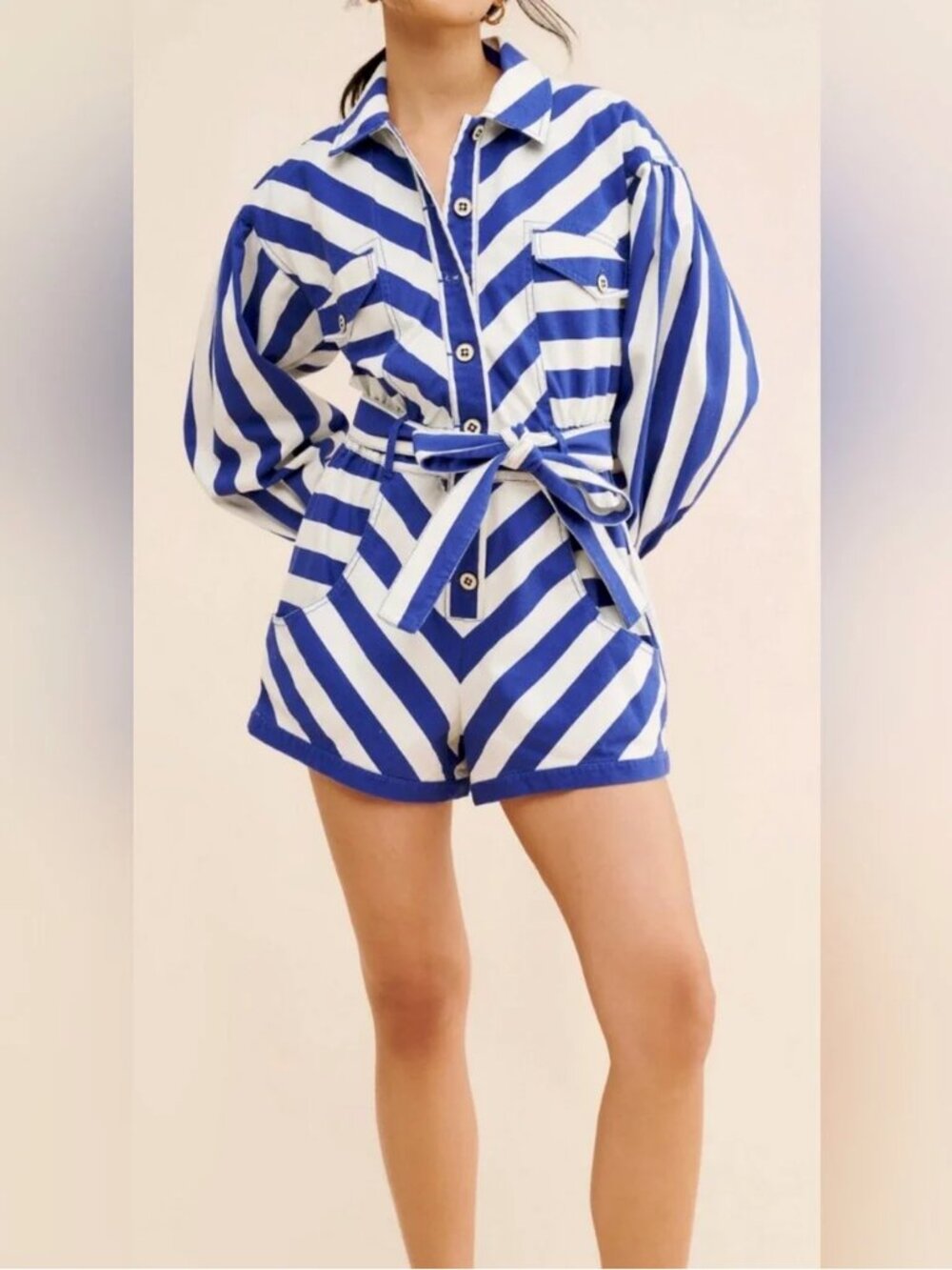 Farm Rio Cotton Blue White Striped Romper Long Sleeves size L
